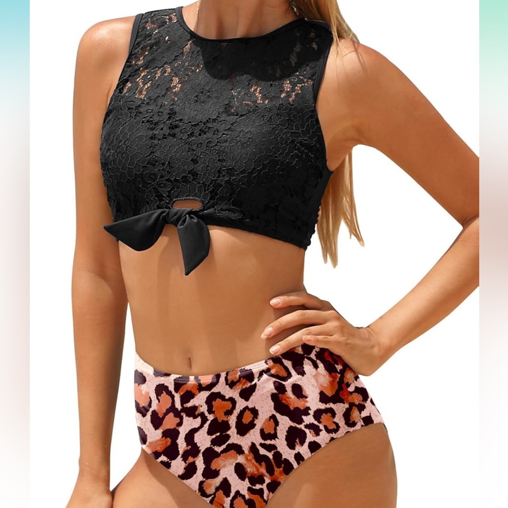 Two Piece Lace Bikini Tie Knot Front High Waisted - Picture 3 of 9
